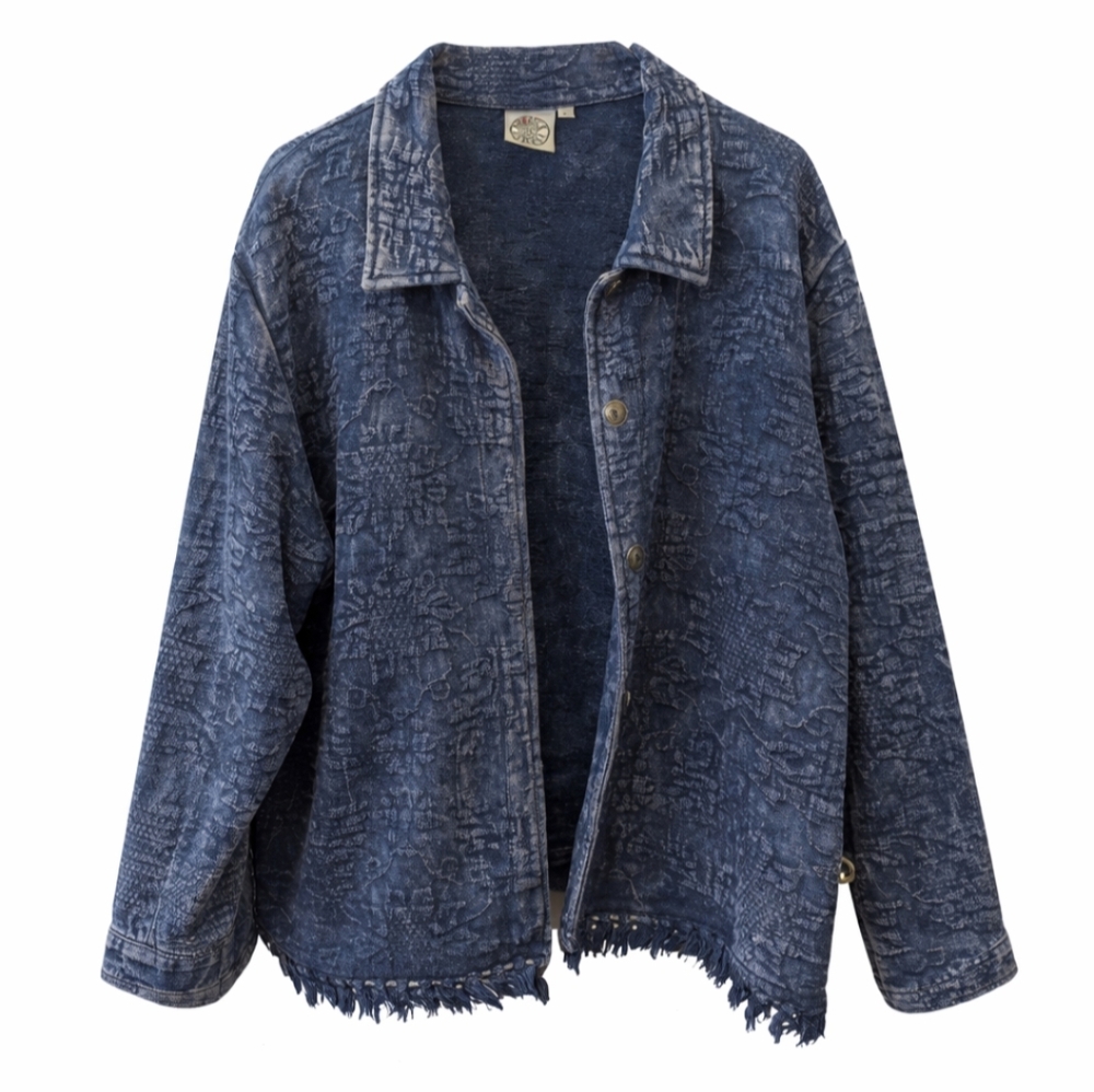 Produce Company Navy Blue Printed Jacket With Fringe And Buttons, Size XL